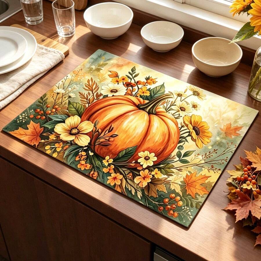 1pc Dish Drying Mat, Coffee Machine Mat, Pumpkin Floral Pattern Dish Drying Mat, Scratch-Resistant Tabletop Protection, Kitchen Dish Drainer Mat, Suitable For Autumn Thanksgiving And Other Holiday Scenes, Multi-Purpose Drying Mat, Home Gift, Tabletop Decoration