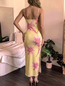 Da Jade Women Thin Strap V Neck Floral Print Midi Dress Side Slit Bodycon Outfit Date Night Night Out Beach Holiday Weekend Photoshoot Stroll Get-Together - Yellow - View 3
