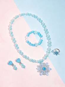 5pcs/Set Christmas Snowflake Pendant Crystal Beaded Necklace Bracelet Ring Ear Clips Children Jewelry Set Cute Jewelry Accessories Gift For Girls - Multicolor - View 2