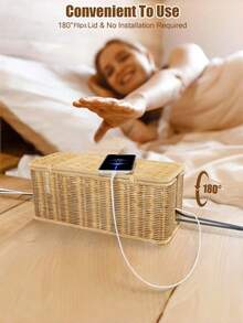 1pc Handmade Woven Rattan Cable Management Box With 2 Open Slots, For Hiding Power Strip, Router And USB Hub Cables - Coffee Brown - View 4
