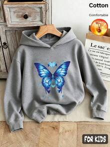 Autumn/Winter 3 Pieces Set Girls Hooded Fleece Sweatshirt Butterfly Print Heart Decor Long Sleeve Y2K Style - Heather Gray+Heather Gray+Heather Gray - View 2