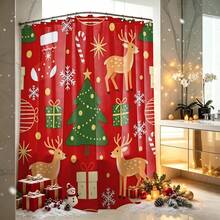 1pc Christmas Tree & Reindeer Shower Curtain, Vintage Design, Waterproof Bath Curtain, Suitable For Bathtub Partition, Bathroom Decor And Bathroom Accessories, Home Decor Gift, Includes 12 Hooks - Multicolor - View 4