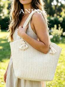 Summer Beach Vacation Stylish Large Capacity Straw Tote Bag, Fashionable Casual Shoulder Bag - Beige - View 2