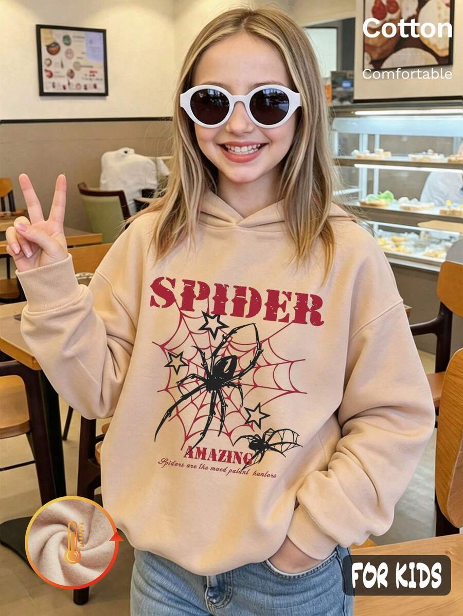 هودي صوف للبنات للخريف والشتاء مع شبكة عنكبوت حمراء وعنكبوت أسود ونص SPIDER AMAZING وطباعة صغيرة Y2K - لون مشمشي - مشاهدة 1