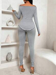 Parara Maternity 2 Pieces Casual Set, One-Shoulder Long Sleeve Ruched Top With Fitted Leggings, High Elastic Ribbed Knit Slim Fit Loungewear - Grey - View 11