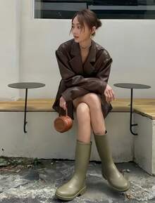 Women's Rubber Rain Boots, High Shaft, Smooth Surface, Non-Slip Thick Sole, Waterproof, Simple Design, Practical Boots For Rainy Days - Olive Green - View 1