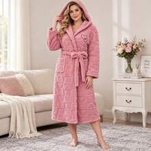 1pc Plus Size Women's Pink Autumn/Winter Soft Style Hooded Bathrobe, Heart Jacquard Tie Waist, Double Pockets, Thick Plush Robe - Pink - View 6