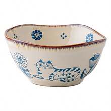 Cute Blue Flower Cat 5-Inch Asymmetrical Ceramic Yogurt Bowl, Niche Japanese Style Personalized Small Bowl - Multicolor - View 1
