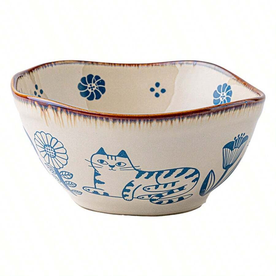 Cute Blue Flower Cat 5-Inch Asymmetrical Ceramic Yogurt Bowl, Niche Japanese Style Personalized Small Bowl - Multicolor - View 1