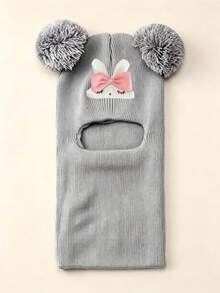 1Pc Children 1‑8Y Winter Knit Balaclava Helmet Hat, Cute Sleeping Rabbit , Two Big Fluffy Pom Pom Balls, Full Neck Cover Warm Keeping For Outdoor Use - Multicolor - View 5