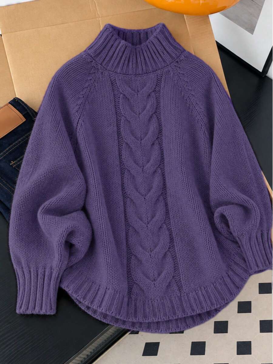 Plus Size High Neck Cable Knit Sweater, Raglan Long Sleeve Loose Solid Pullover - Purple - View 1