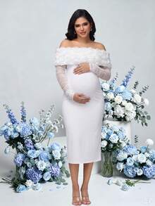 JustVH Maternity Floral Off-Shoulder Long Sleeve Midi Dress, Suitable For Baby Shower And Gender Reveal Party - White - View 11