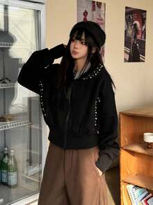 Sweet Cool Niche Style Pearl Decor Hooded Zip-Up Long Sleeve Jacket Women Autumn/Winter Cinched Waist Dropped Shoulder Loose Sweatshirt - Black - View 3