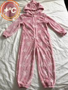 Cute Pink Bow Print Velvet Jumpsuit, Essential For Autumn/Winter Girls, Made Of Soft Fabric, Suitable For Casual Wear At Home Or As A Gift For Friends - Pink - View 3