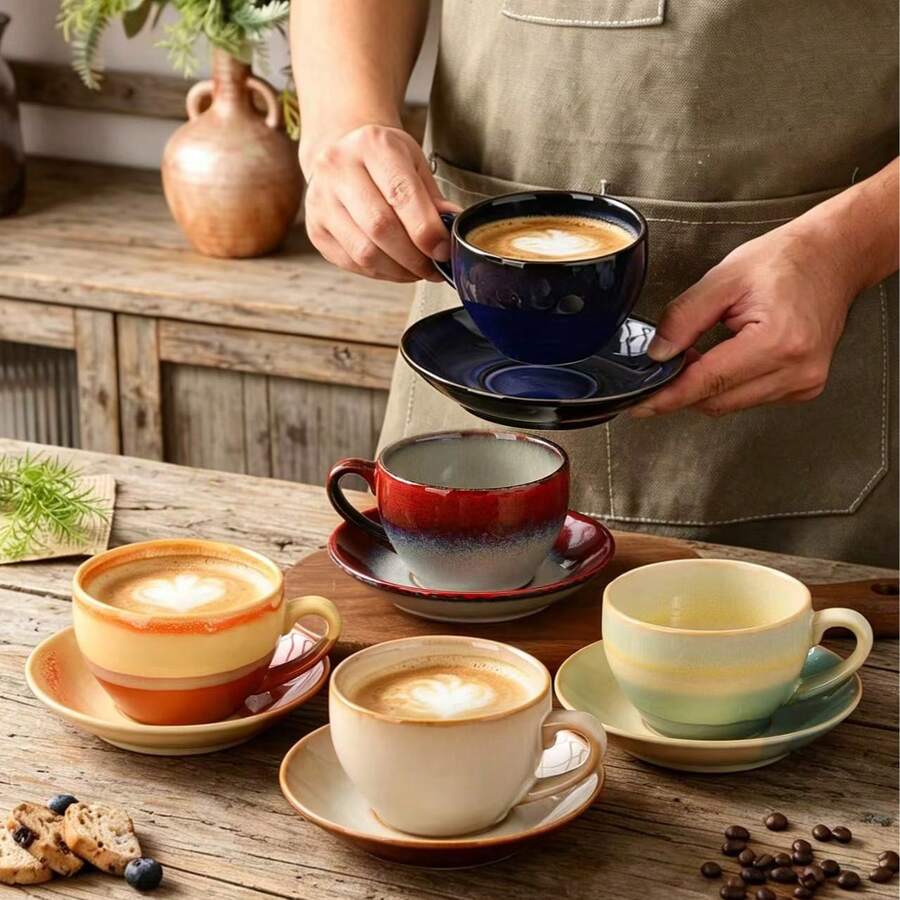 Classic Ceramic 2pcs Coffee Cup & Saucer Set, Vintage Color Series, Suitable For Home Or Cafe, Dishwasher, Microwave, Oven, Refrigerator - Multicolor - View 1