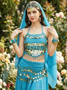 Coin Dangle Forehead Headscarf + Wrist Cuffs + Chest Ornament + Hip Decor, Multi-Scenario Body Decor For Belly Dance Halloween Cosplay Desert Travel Theme Party (Multiple Colors Available) - Multicolor - View 18