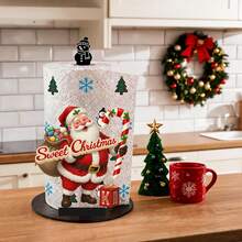 2D Flat Santa Claus Holding Candy Cane And Candy Bag Printed Paper Towel Holder, Acrylic Material Vertical Toilet Paper Storage Rack, Kitchen Dining Table Decor, Easy To Install, Suitable For Christmas Party Home Decoration - View 4