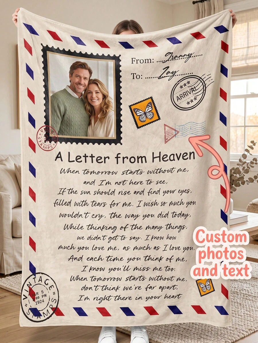 Personalized Custom Photo & Text Fleece Blanket, Vintage Envelope Letter Design Throw Blanket, Customized Memorial Gift, Soft Lightweight Sofa Bed Decor Blanket - Multicolor - View 1
