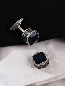 2PCS Men's Silver Alloy Deep Blue Sapphire Shirt Cufflinks, Detachable Fixed Shirt Cufflinks, Gift Box Set, Suitable For Going Out And Attending Parties - Gold Silver - View 3