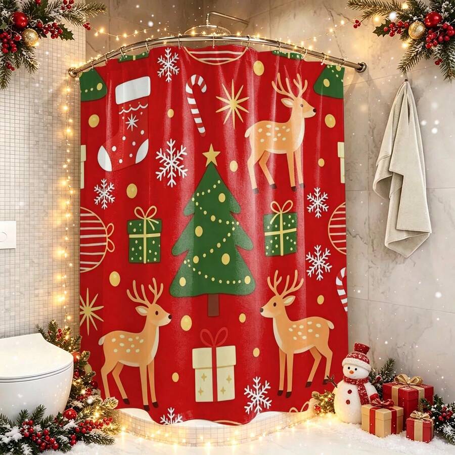 1pc Christmas Tree & Reindeer Shower Curtain, Vintage Design, Waterproof Bath Curtain, Suitable For Bathtub Partition, Bathroom Decor And Bathroom Accessories, Home Decor Gift, Includes 12 Hooks - Multicolor - View 1