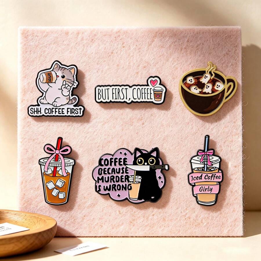 Cute Coffee Cat Enamel Pins, Funny Cartoon Quotes Brooch Set, Metal Coffee Lapel Badge For Backpack Jacket Hat, Lovely Gift For Coffee Lover