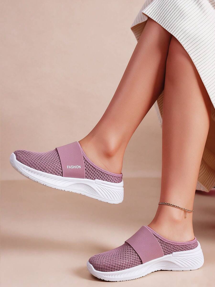Women's Summer Mesh Half-Slip-On Slouchy Shoes, Slip-On Backless Casual Shoes, Breathable Soft Sole Comfortable Wear Mule Slippers - Pink - View 1