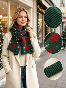 2/1pc Christmas Tree Knit Scarf Unisex, Snowflake Christmas Tree Pattern Warm Winter Neck Warmer, Soft Thick Knit Shawl, Red And Green 2 Colors, Holiday Couple Accessory, Outdoor Cold Weather Wear, Perfect Christmas Gift For Family And Friends - Multicolor - View 6
