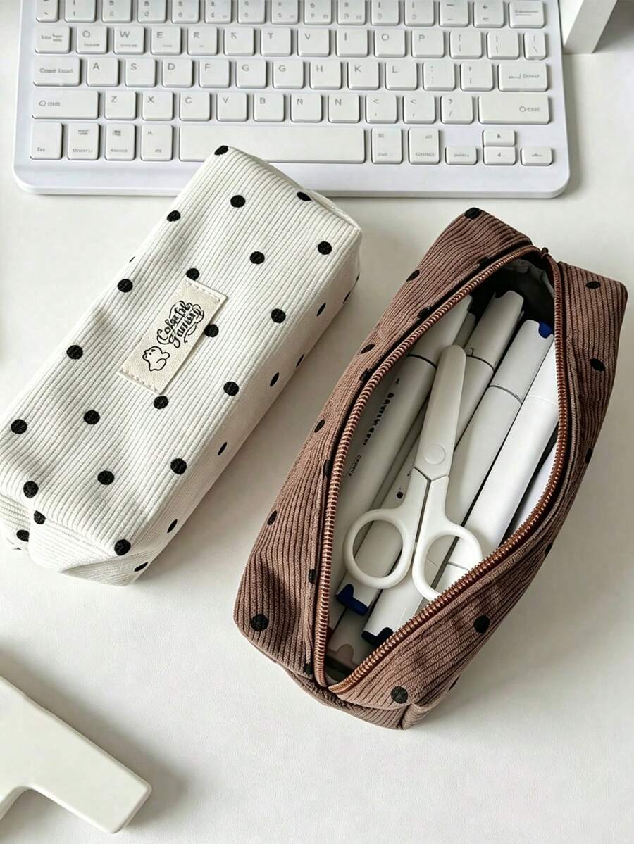 New Korean Style Polka Dot Print Pencil Case, Ins Large Capacity Student Stationery Storage Bag, Handheld Makeup Bag, Pencil Box, Suitable For Desktop Accessories, Applicable For Travel, Cosmetics, Stationery Storage, Compact And Portable Size, Meets Multi-Functional Storage, Durable Zipper Closure - Multicolor - View 1
