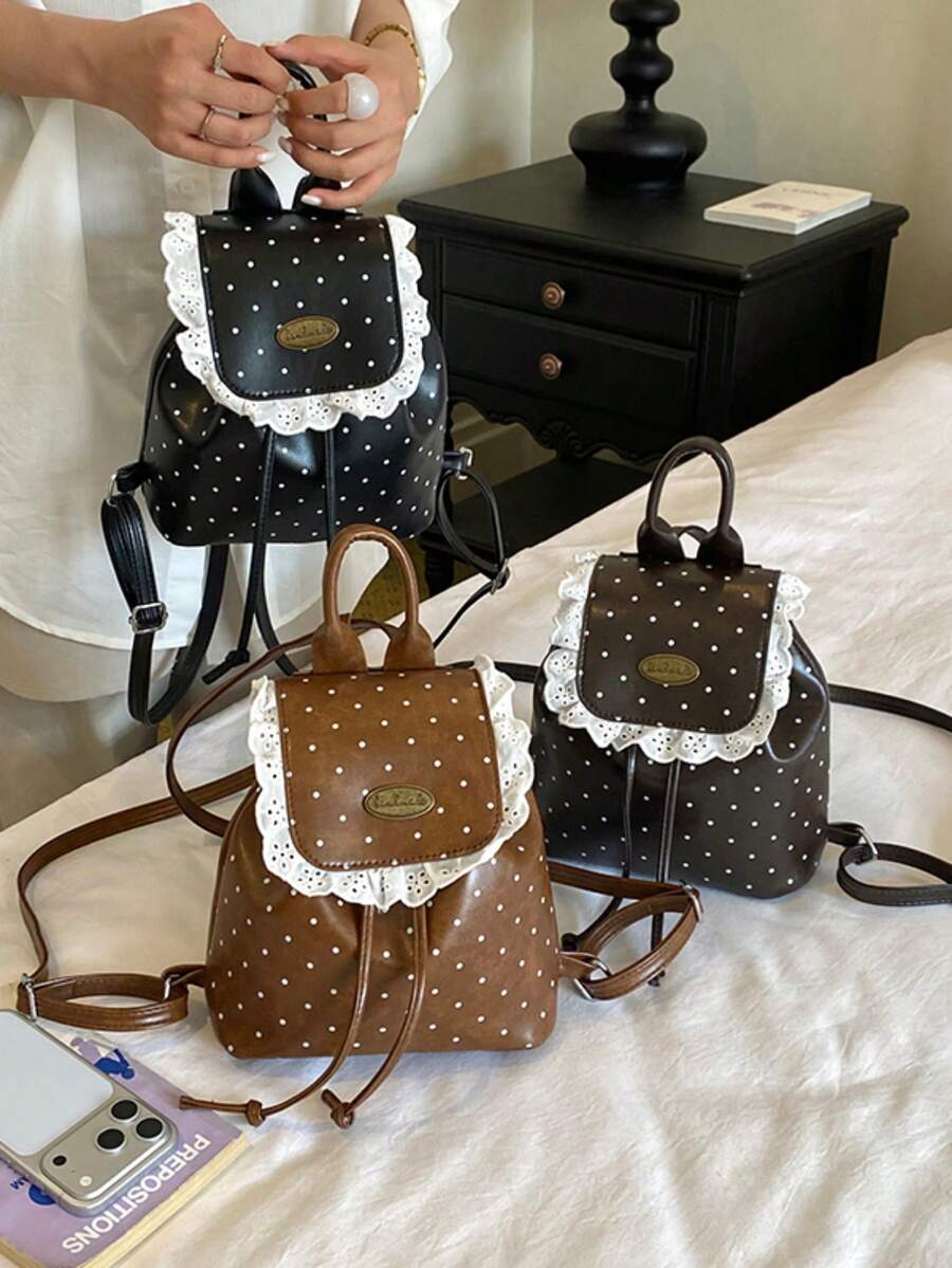 1pc Girls Polka Dot PU Drawstring Closure Vintage Backpack Suitable For All Seasons Daily Use