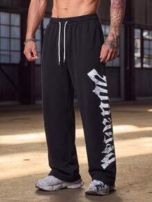MAISONFOX Men's Letter Print Drawstring Waist Straight Leg Long Casual Pants, Suitable For Outings, Electronic Music Parties, Back To School, Sports, Fitness, Autumn Wear - Black - View 1