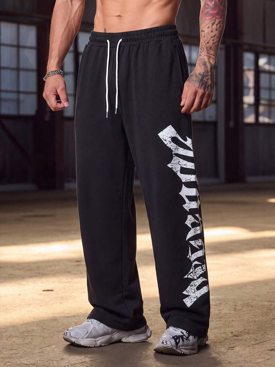 MAISONFOX Men's Letter Print Drawstring Waist Straight Leg Long Casual Pants, Suitable For Outings, Electronic Music Parties, Back To School, Sports, Fitness, Autumn Wear - Black - View 1