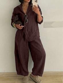 New Vintage Commuter Lapel Shirt And Wide Leg Pants 2-Piece Set, Shirt With Pocket Design, Casual Elegant Style - Coffee Brown - View 2