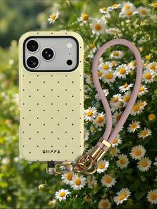 GIIPPA 1件淺黃色背景配波爾多紅波點圖案設計，Phone 17 Pro Max 手機殼 + 手鍊，適用於 Phone 16 Pro Max、15 Pro Max、14 Pro Max，韓式高端時尚有趣手機殼，適用於 11/12/13/14/15/16 Pro Max Plus，優雅設計適合男女，聖誕節、情人節、復活節、婚禮季送給女友的完美禮物！ - 黃色 - 查看 10