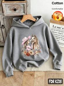 Autumn/Winter 3 Pieces Set For Girls: Fleece Hooded Sweatshirt With Denim Boots, Featuring Horse, Flower And Text Prints, Long Sleeve Soft Y2K Style - Heather Gray+Heather Gray+Heather Gray - View 4