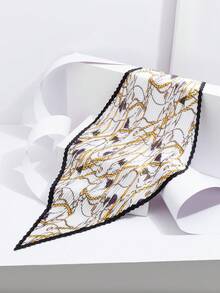 1pc New Vintage Equestrian Style Black With Gold Chain Rein Pleated Silk Scarf, Satin Pointed Triangle Bandana, Commuter Outfit Bag Accessory Small Scarf - Multicolor - View 2