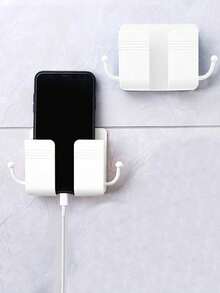 2pcs No-Drill Wall-Mounted Phone Storage Rack, Bedside Wall Phone Charging Holder With Hook And Remote Control Storage Shelf - White - View 7