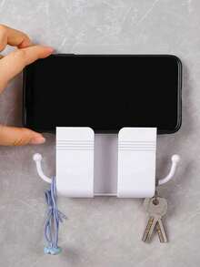 2pcs No-Drill Wall-Mounted Phone Storage Rack, Bedside Wall Phone Charging Holder With Hook And Remote Control Storage Shelf - White - View 9