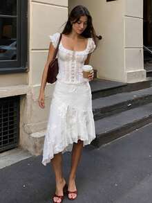 Fall/Winter Embossed Print White Mid-Length Asymmetrical Elegant Skirt - White - View 10