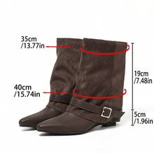 DENGWEISI Brown Patchwork Slip-On Mid-Calf Boots With Wedge Heel, Mid Heel, Square Toe, Strap Buckle, European And American Fashion Western Style, Casual Versatile For Vacation, Office, Commute, Daily Wear, Spring And Autumn - Coffee Brown - View 9