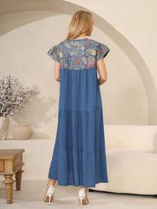 ASBB Shrot Sleeve Loose Fit Round Neck For Women,Woven Embroider Elegant Modest Abaya Long Dress, Suitable For Fall, Holiday And Daily Wear - Blue - View 12