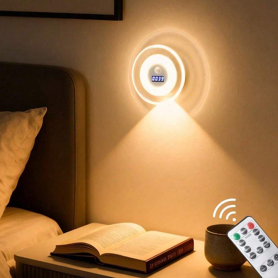 1PC Multi‑Functional LEDClockNight Light,Eye‑CareWallSconce Spotlight,USB Rechargeable3‑ColorDimmableLamp,Smart Motion Sensor With RemoteControl&Charging Cable,Minimalist Design Multiple LightingModes,ForBedroom,Living Room,Bedside Decor,Holiday Gift