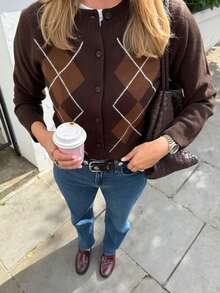 Women's Vintage Brown Argyle Print Cardigan Long Sleeve Round Neck Button Front Short Sweater For Fall,Autumn Outfits Women - Coffee Brown - View 2