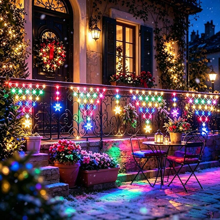 1pc 605cm/238.19in Snowflake Triangle Net LED Christmas Lights, Plastic Hanging Light String With Snowflake Pendant, USB Powered 8 Modes, Warm White/Colorful/White, Suitable For Fireplace, Stair Railing, Window, Porch, Christmas Home Decor - Snowflake - View 1