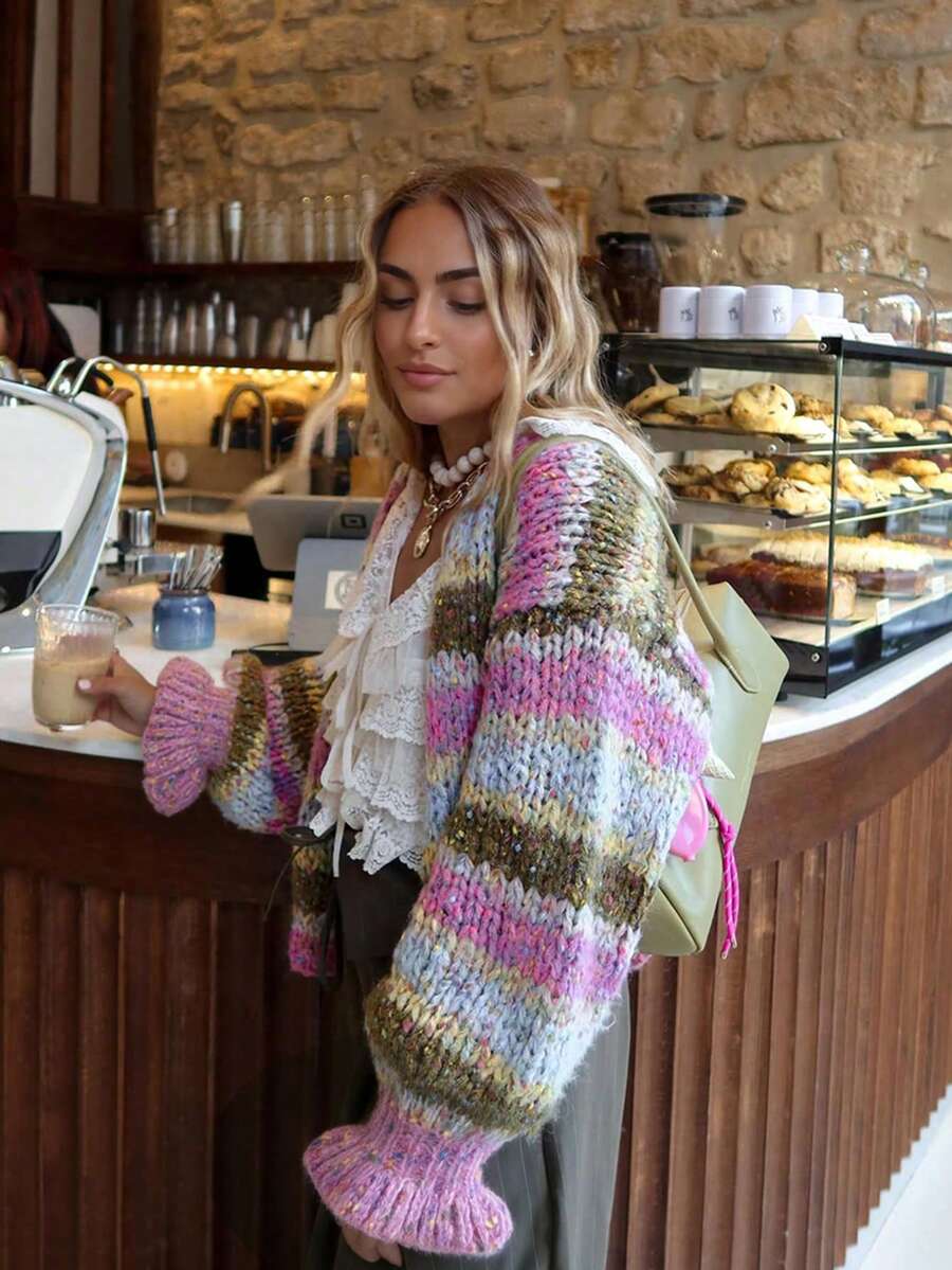 SEREN Women's Y2K Elegant Cute Multi-Color Striped Chunky Knit Cardigan Sweater, Casual Outfit For Outings, Autumn/Winter - Multicolor - View 1