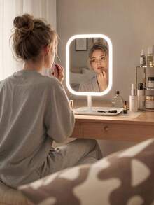 1pc LED Makeup Mirror, 3 Color Modes, Desktop Makeup Mirror, Smart Adjustable Tri-Color Light Touch Control, With Storage Tray, 360° Rotation, Travel Makeup Mirror, Portable Lighted Beauty Mirror, Rechargeable Desktop LED Makeup Mirror - Square Makeup Mirror - View 5