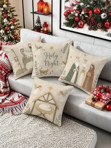 4pcs/1pc Nativity Scene Christmas Throw Pillow Covers, Holy Night Jesus Birth Pattern Cushion Covers, Christmas Home Decor, Room Decor, Home Decor, Christmas Decorations For Sofa Bedroom Living Room, Pillow Insert Not Included - Multicolor - View 5