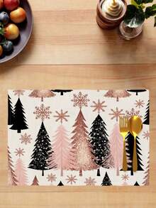 2/4/6 Pcs Christmas Deer Snowman Christmas Tree Print Table Placemat Watercolor Cartoon Style Polyester Rectangle Heat Resistant Dining Table Mat For Christmas Winter Party Home Decor - Pink - View 5