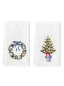 2 Pcs Blue Chinoiserie Seashell Christmas Tree Wreath Print Watercolor Style Microfiber Rectangular Absorbent Kitchen Towels For Christmas Winter Kitchen Decor - Green - View 7