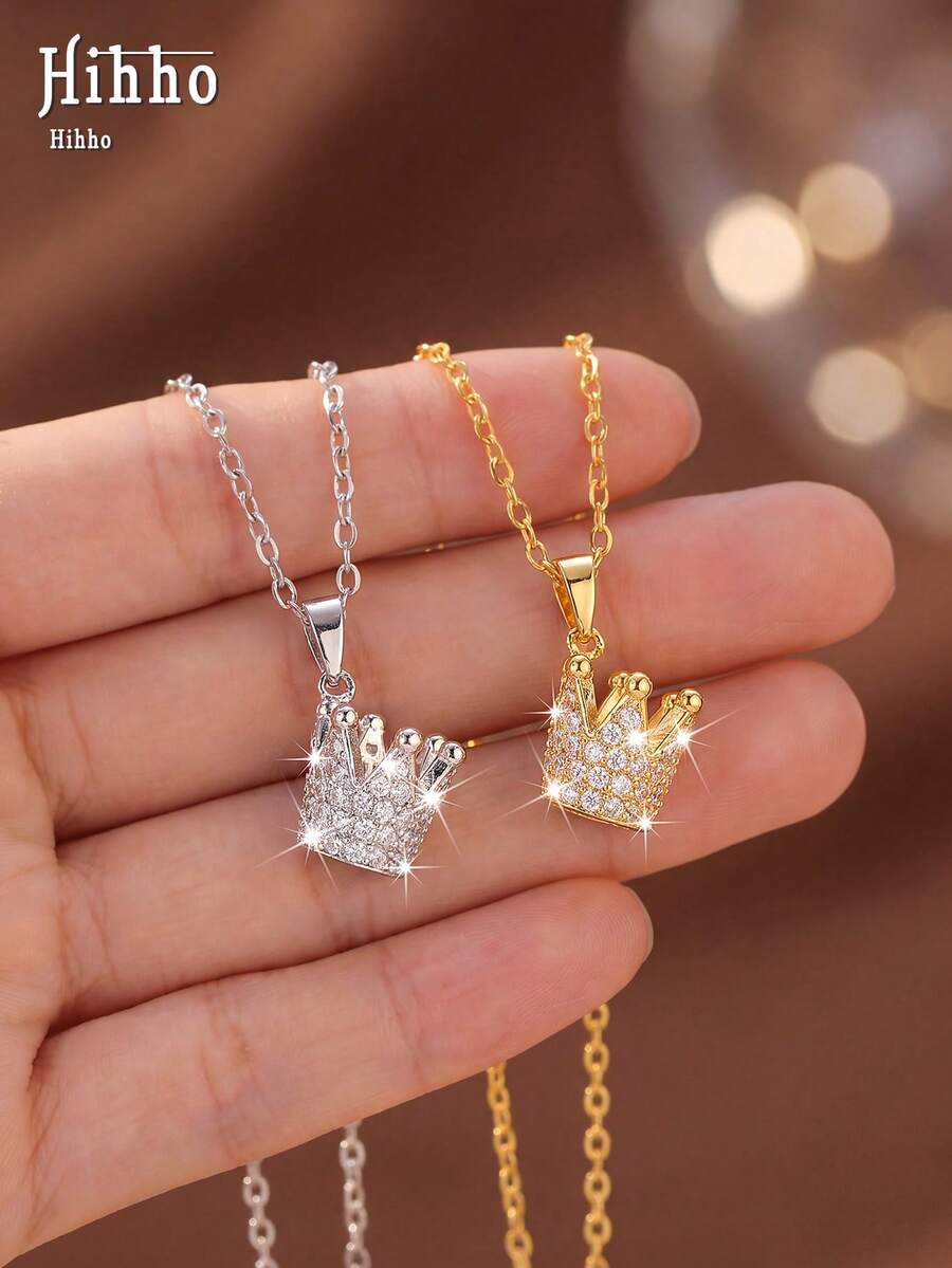 Hihho 1pc Vintage 3D Crown Necklace, Gold & Silver Dual Color Optional, Exquisite Women's Versatile Collarbone Chain - 3D Crown - View 1