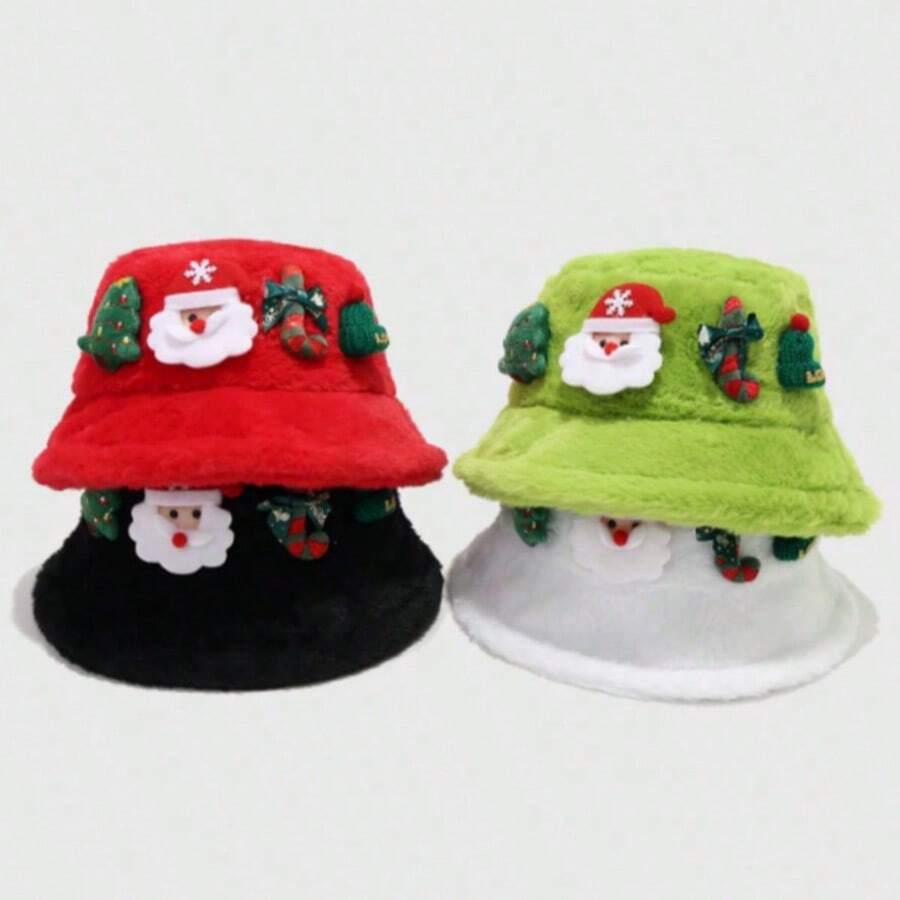 1pc Christmas Faux Rabbit Fur Bucket Hat For Women, Warm Winter Bucket Hat With Santa Claus Decoration, Cute Holiday Cap, Cozy Soft Fashion Gift - Multicolor - View 1